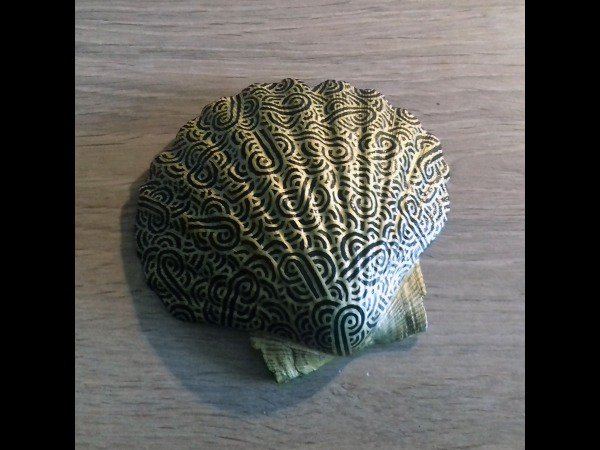 Abstract painting Savousépate Scallop shell : 1662296635.savousepate.coquille.saint.jacques.noire.aux.volutes.dorees.jpg