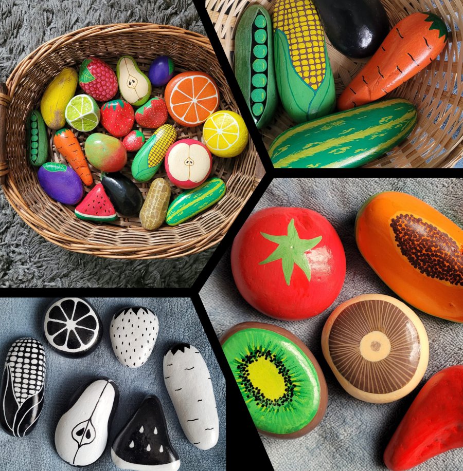 Vegetables and fruits on rock - Painted rocks